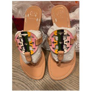 NEW Tory Burch Miller Sandal, Printed Patent Leather in Pastel Rainbow, Womens 9